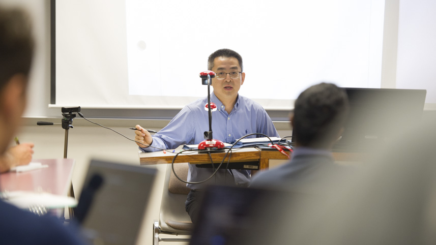 Dr. Yuan Meng listens as a student asks a question. Meng comes to Cedarville following stints at both Auburn and Mount Vernon Nazarene University.